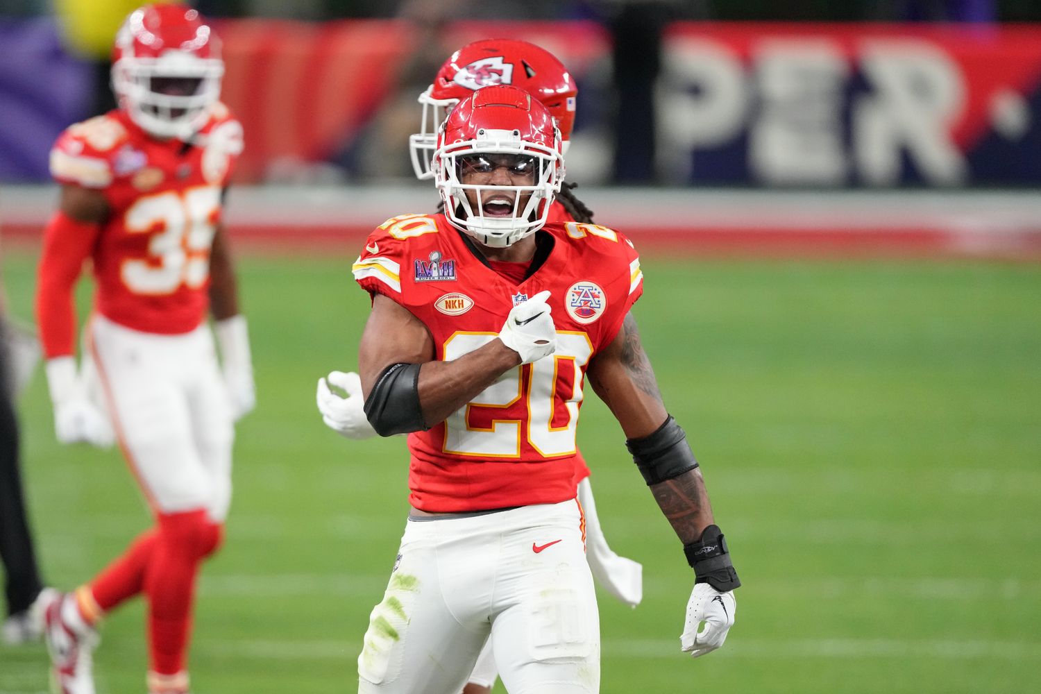 Feb 11, 2024; Paradise, Nevada, USA; Kansas City Chiefs safety Justin Reid (20) reacts after a play against the San Francisco 49ers during the second quarter of Super Bowl LVIII at Allegiant Stadium. Mandatory Credit: Kyle Terada-USA TODAY Sports  